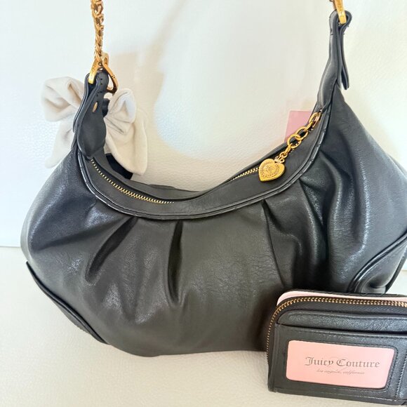 JUICY COUTURE JUICY ROMANCE HOBO BAG & WALLET BLACK BEIGE BOW KEY FOB - Picture 2 of 9